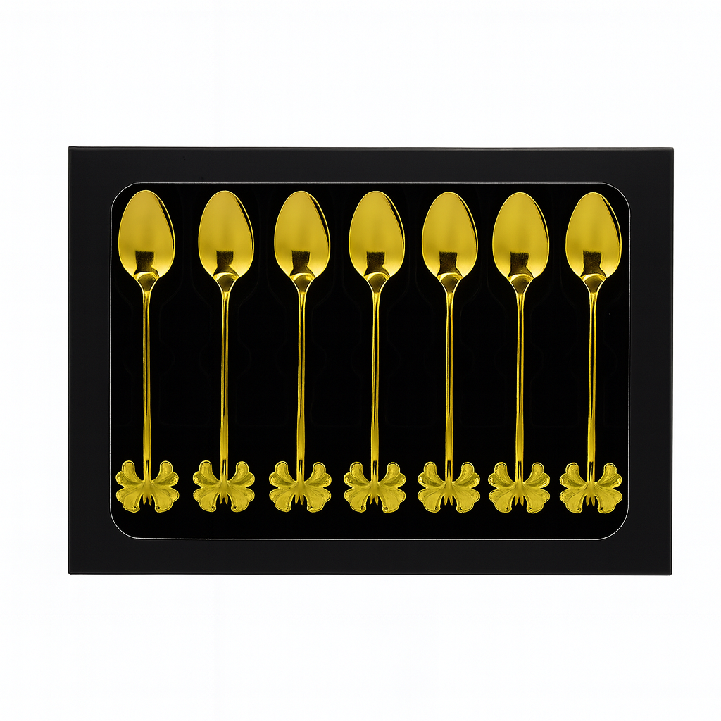 6 Pcs Golden Spoon Set – Decorative Floral Handle Design