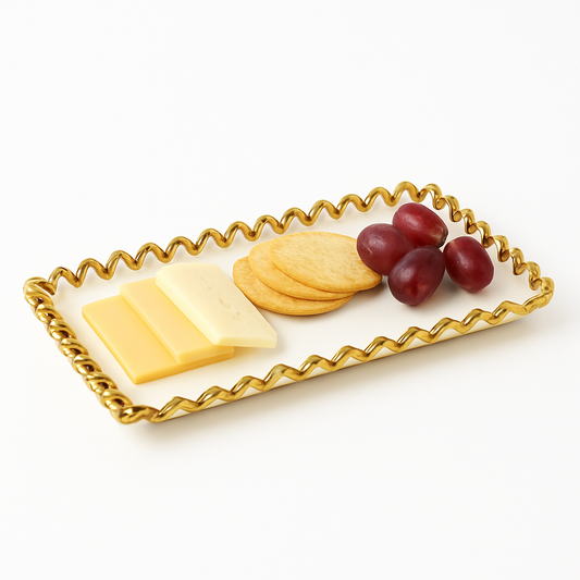Super Dine Rectangular Serving Dish – White Tray with Gold Ruffle Edges