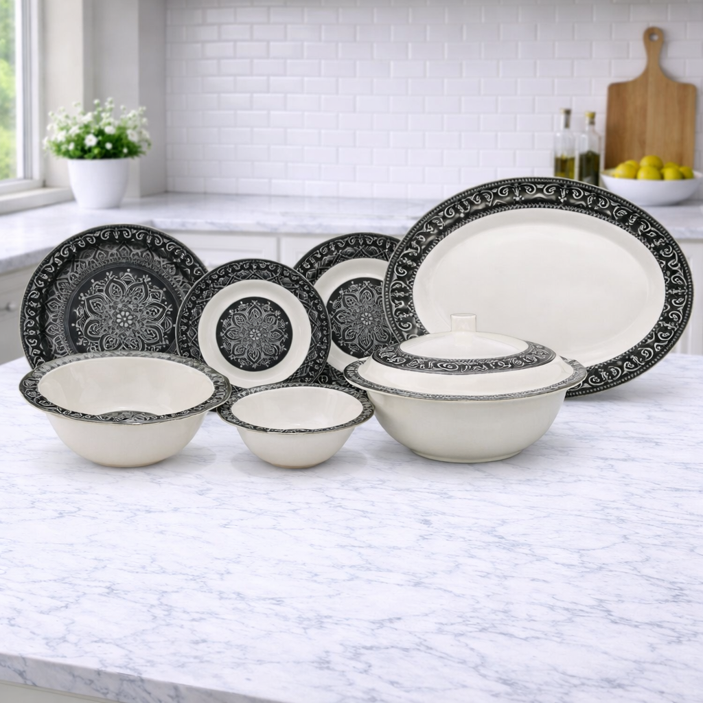 Noir Chic Dinner Set – Modern Mandala Elegance for Sophisticated Dining (22 / 30 / 43 PCS)
