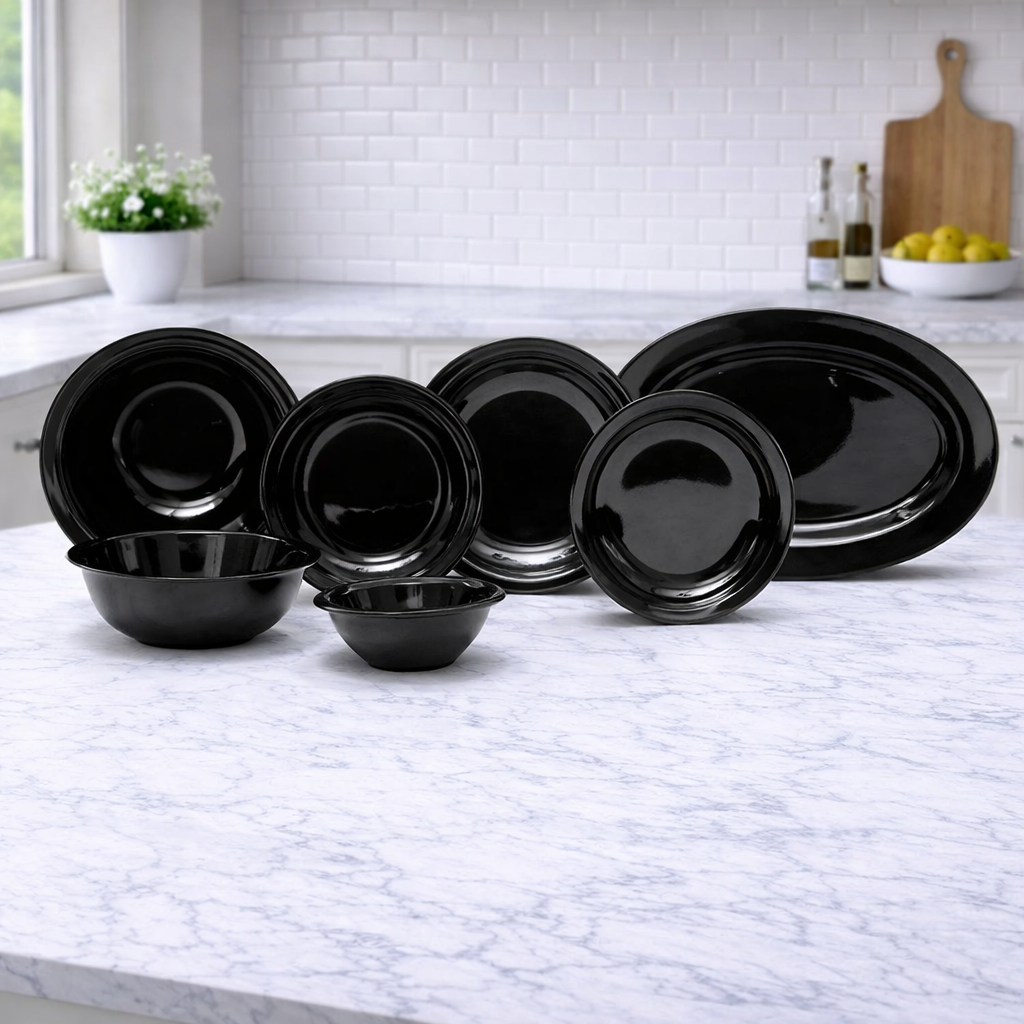 Black Melamine Dinner Set – Modern, Durable & Complete Dining Solution (22 / 30 / 43 PCS)