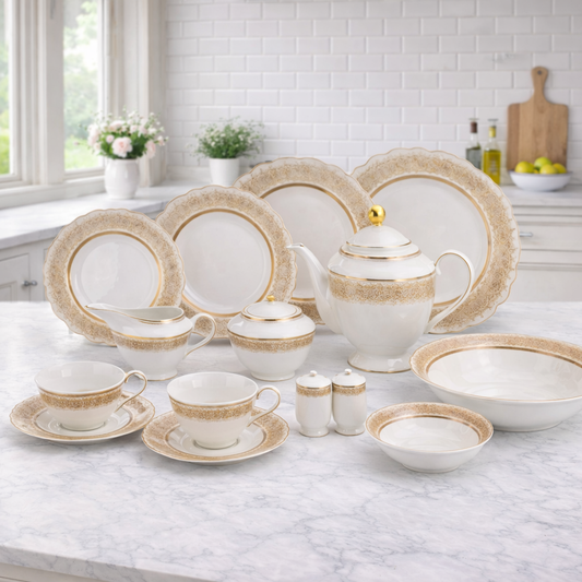 Luxury White & Gold Border Dinner Set – 47-Piece Elegant Ceramic Tableware Collection
