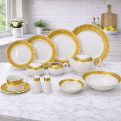 Luxury White & Golden Border Dinner Set – 47-Piece Premium Ceramic Tableware Collection