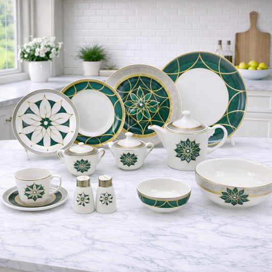 Elegant Green & Gold Dinner Set – Luxury Geometric Floral Tableware Collection