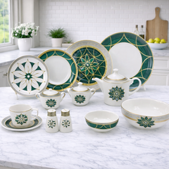 Elegant Green & Gold Dinner Set – Luxury Geometric Floral Tableware Collection