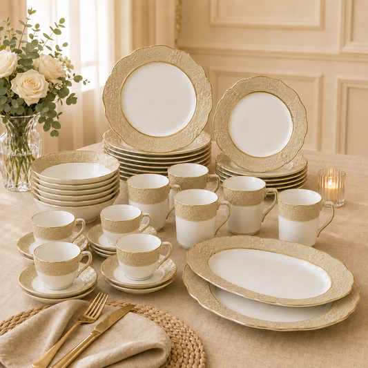 Premium Porcelain Dinner Set – Embossed Floral Design with Gold Rim