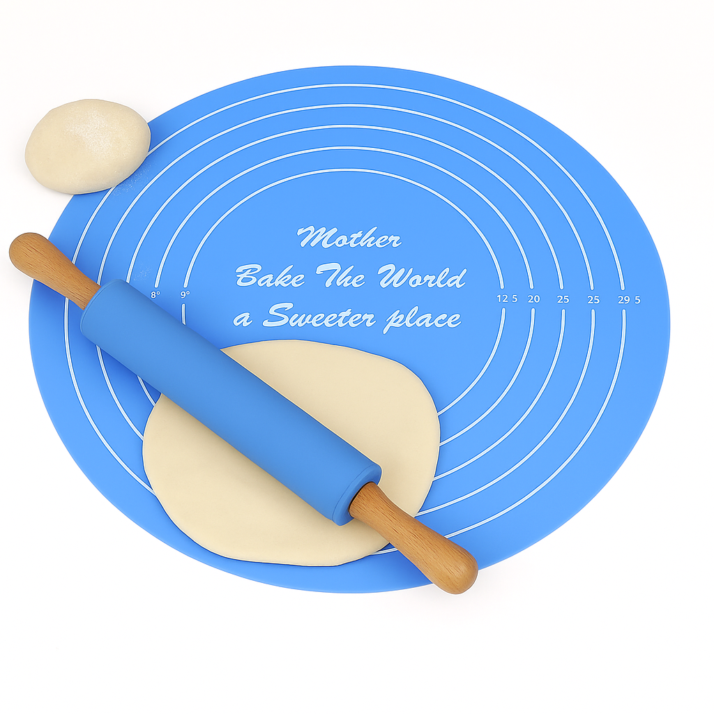 Non-Stick Silicone Baking Sheet with Wooden Handle Rolling Pin – Dough Mat Set