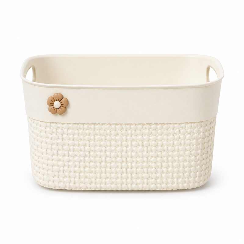 1 Pc Rectangular Plastic Storage Basket with Flower Design – Decorative Organizer with Handles for Kitchen & Home