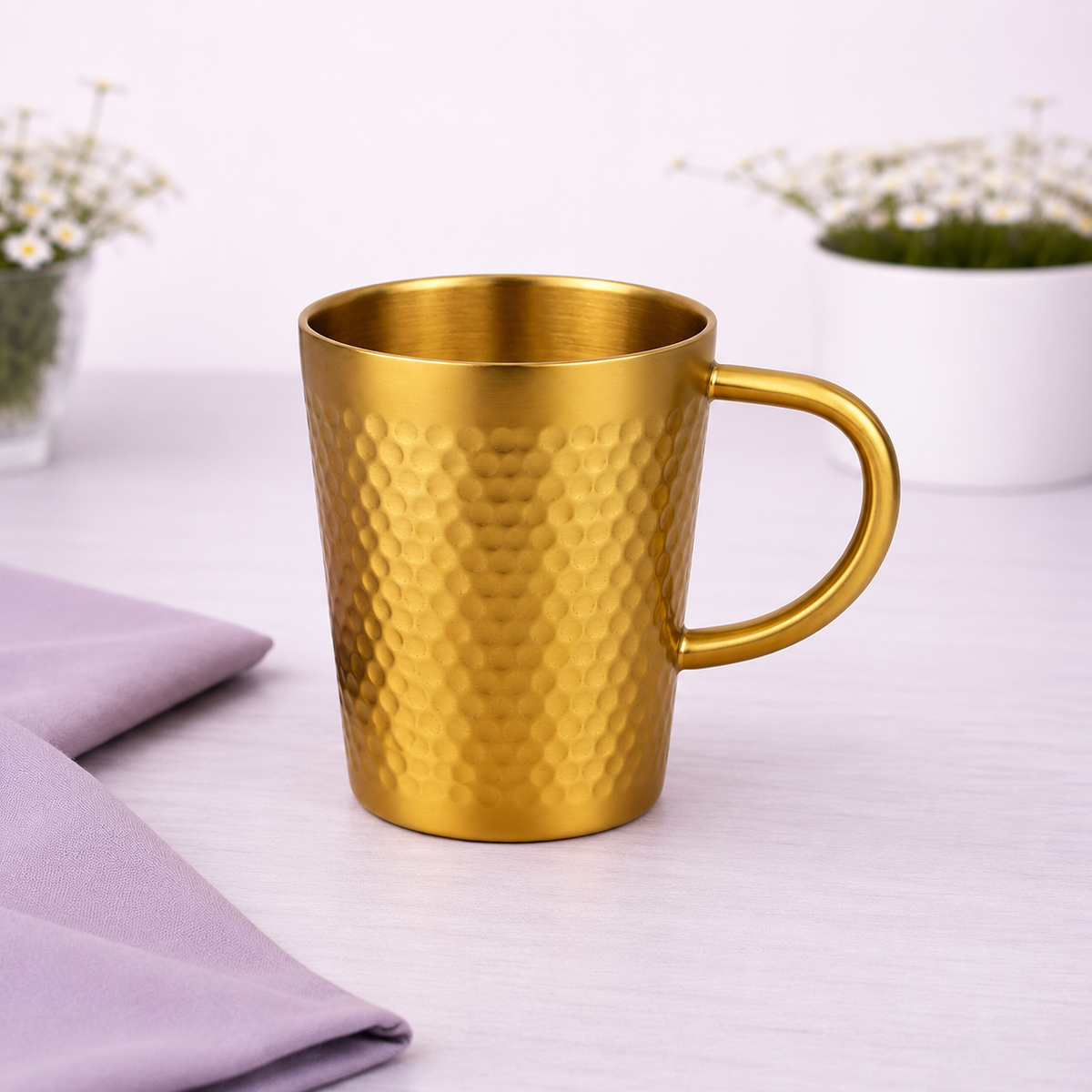 Hammered Golden Stainless Steel Tea Cup – 300ml | Luxury Gold Finish Mug for Tea & Coffee