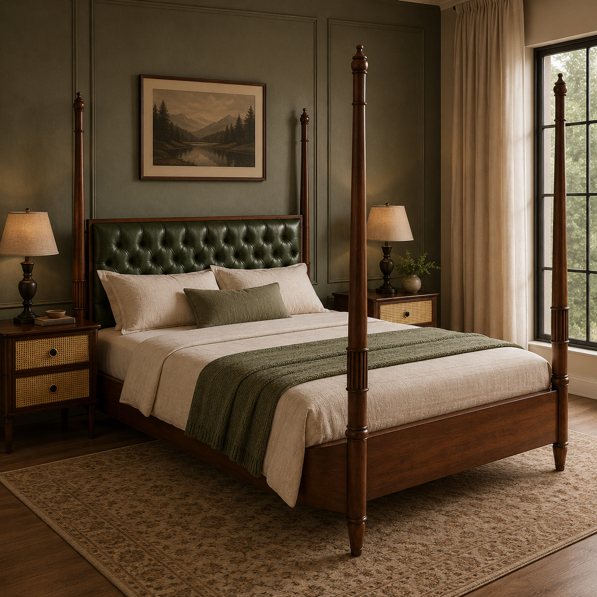 Noor King Size Bed | Luxury Four Poster Bed with Upholstered Headboard & Cane Nightstands with Side Tables