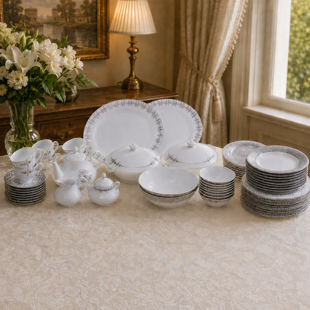 Elegant Silver Chevron Dinner Set – Luxury Porcelain Tableware Collection - Habitt