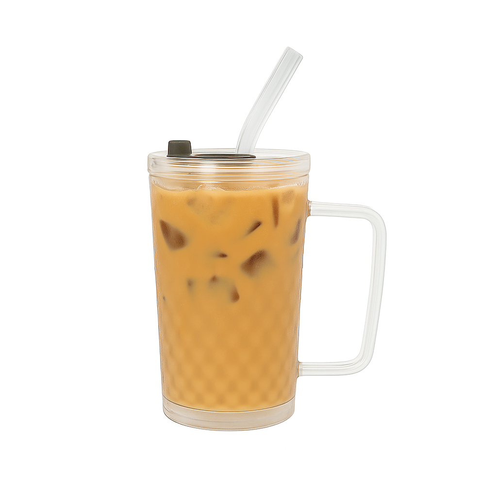 250ml Straw Glass – Clear Textured Borosilicate with Handle, Lid & Reusable Straw