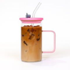 250ml Straw Glass – Clear Borosilicate with Handle, Lid & Reusable Straw (Pink & Black)