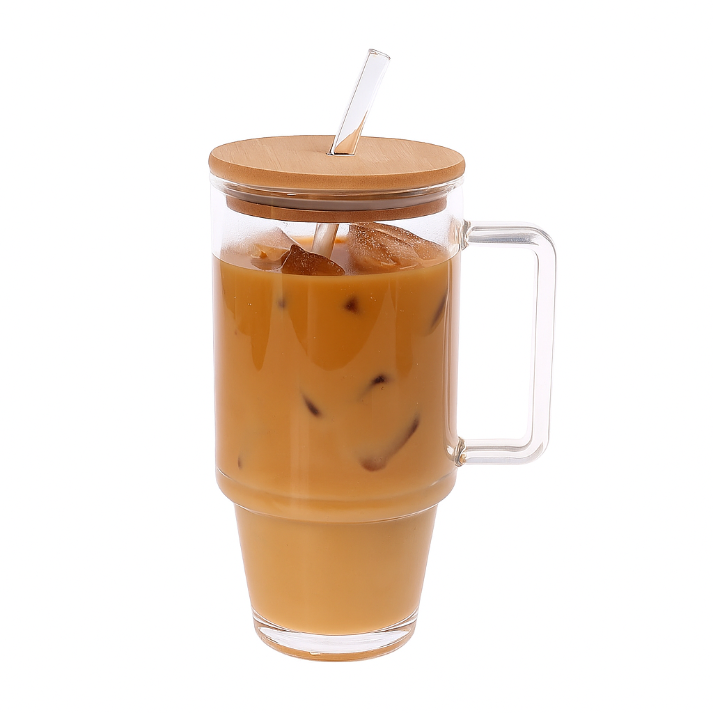 Glass Coffee Mug with Bamboo Lid & Straw – Iridescent Design (2-4/2-5/2-6)
