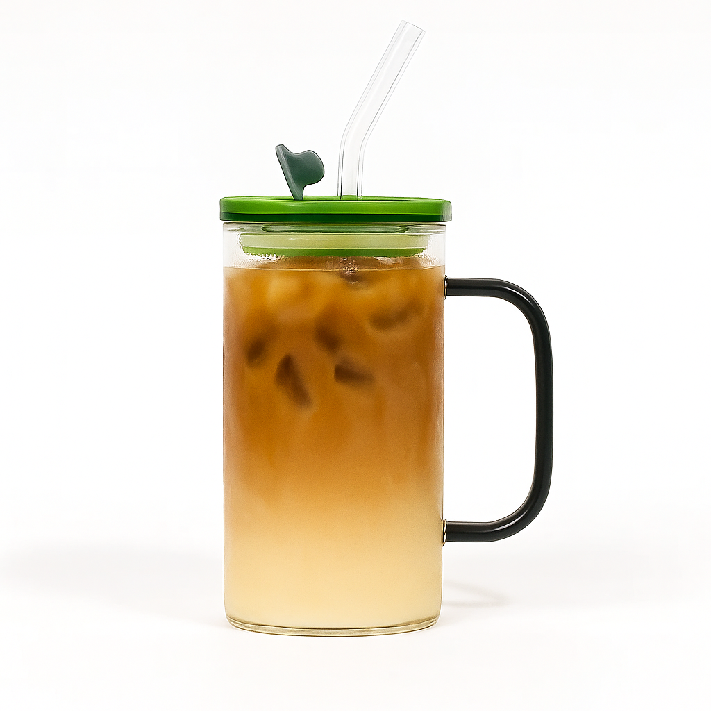 250ml Straw Glass – Clear Borosilicate with Handle, Lid & Reusable Straw (Green, Brown, Blue,Transparent)