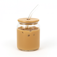 Bubble Tea Glass Cup 500ml with Bamboo Lid Glass Straw