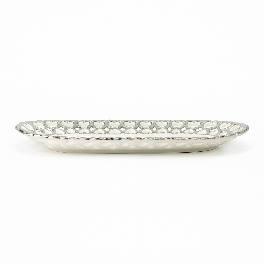 Super Dine Decorative Dish – White Ceramic Serving Tray with Silver Heart Border