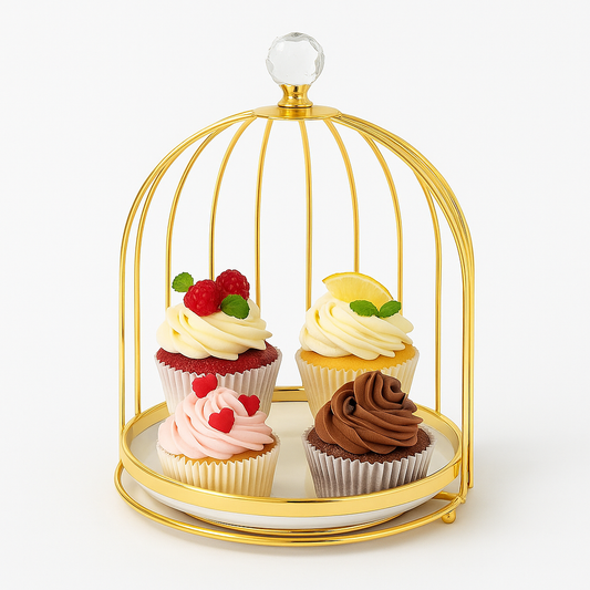 1 & 2-Tier Birdcage Style Gold Pastry Stand with Plate – Elegant Dessert & Cake Display