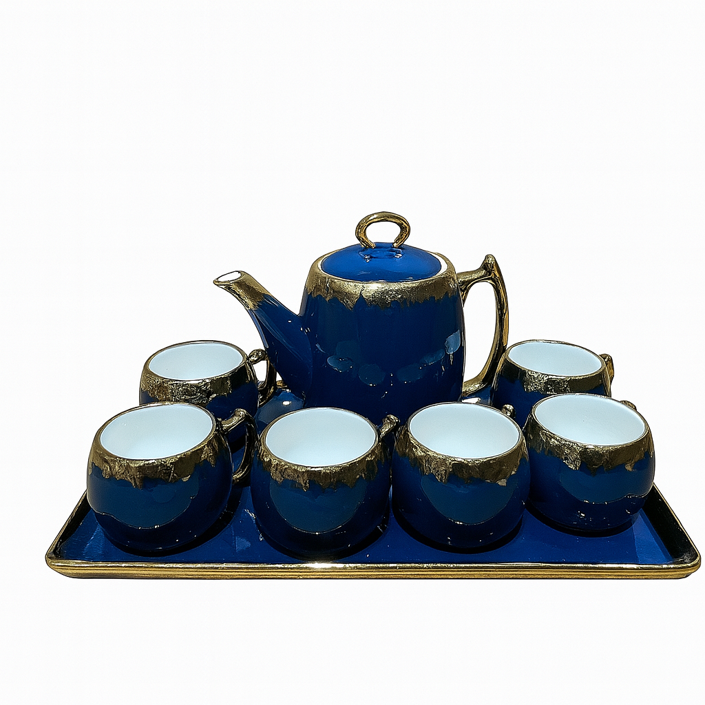 8-Piece Royal Ceramic Tea Set with Tray – Available in Blue & Green | Gold-Trimmed Luxury Design