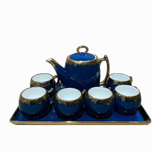 8-Piece Royal Ceramic Tea Set with Tray – Available in Blue & Green | Gold-Trimmed Luxury Design