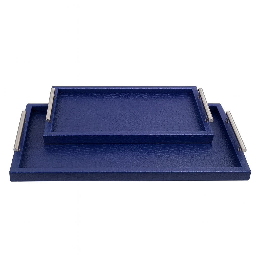 Luxury Blue Leather Serving Tray Set (2 Pieces) – Textured Finish with Metal Handles
