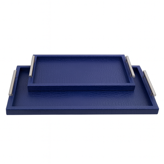 Luxury Blue Leather Serving Tray Set (2 Pieces) – Textured Finish with Metal Handles