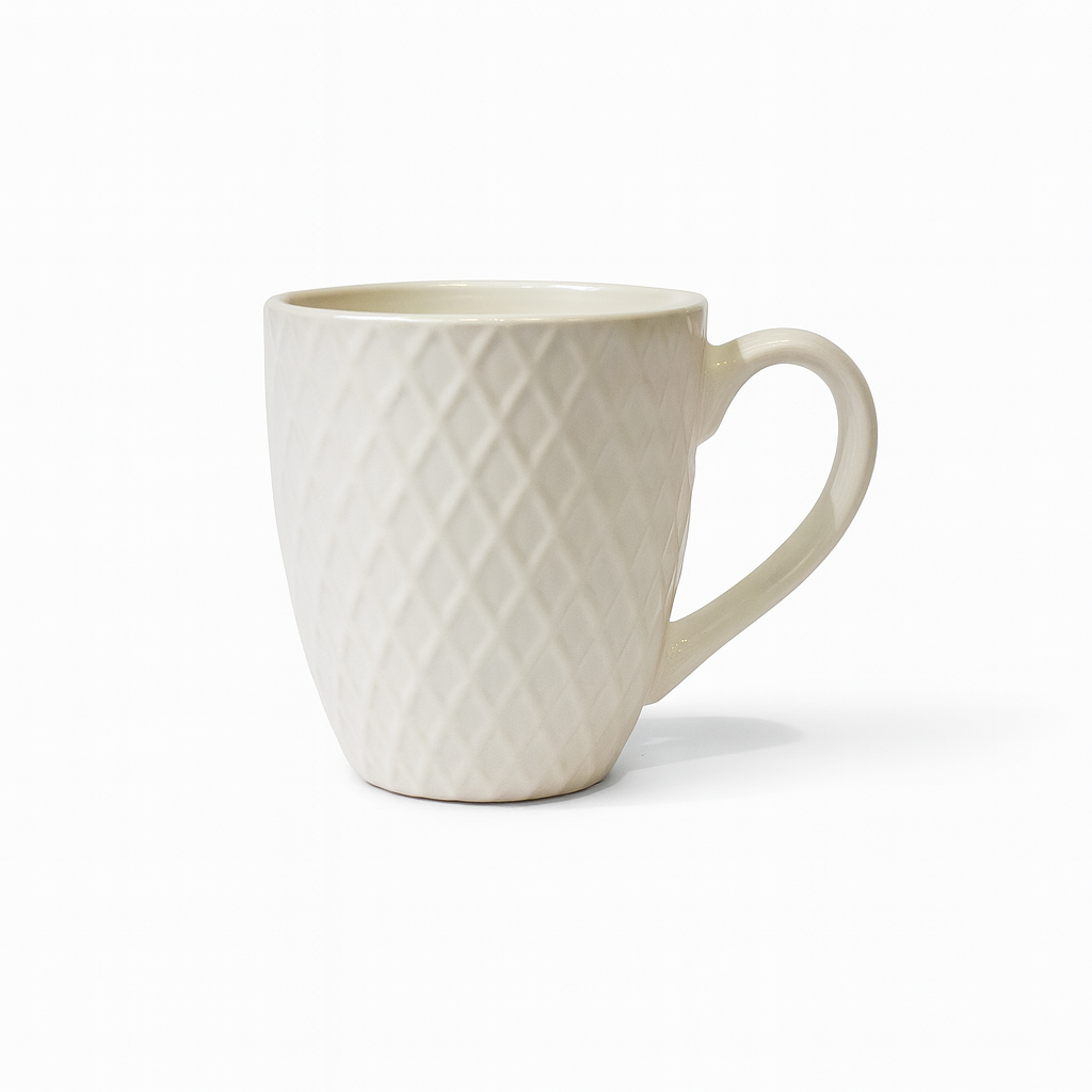 Textured Diamond Ceramic Mug – Modern Coffee & Tea Cup in White