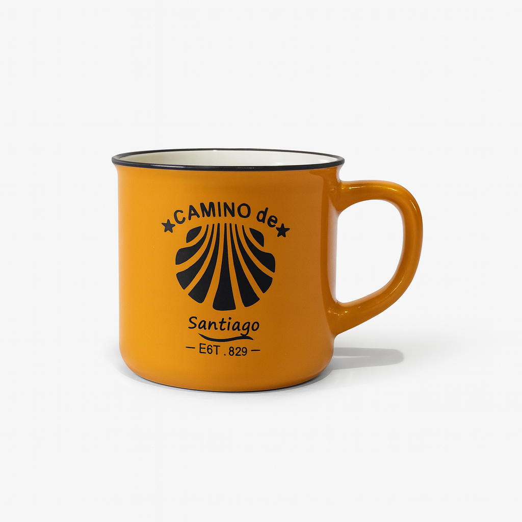Camino de Santiago Enamel-Style Ceramic Mug – Travel-Inspired Coffee & Tea Cup in yellow