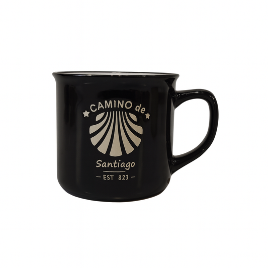 Camino de Santiago Enamel-Style Ceramic Mug – Travel-Inspired Coffee & Tea Cup in Black, Green, Pink & Red