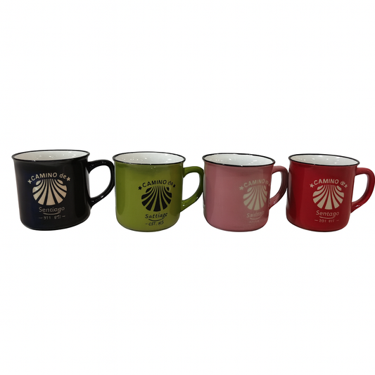 Camino de Santiago Enamel-Style Ceramic Mug – Travel-Inspired Coffee & Tea Cup in Black, Green, Pink & Red
