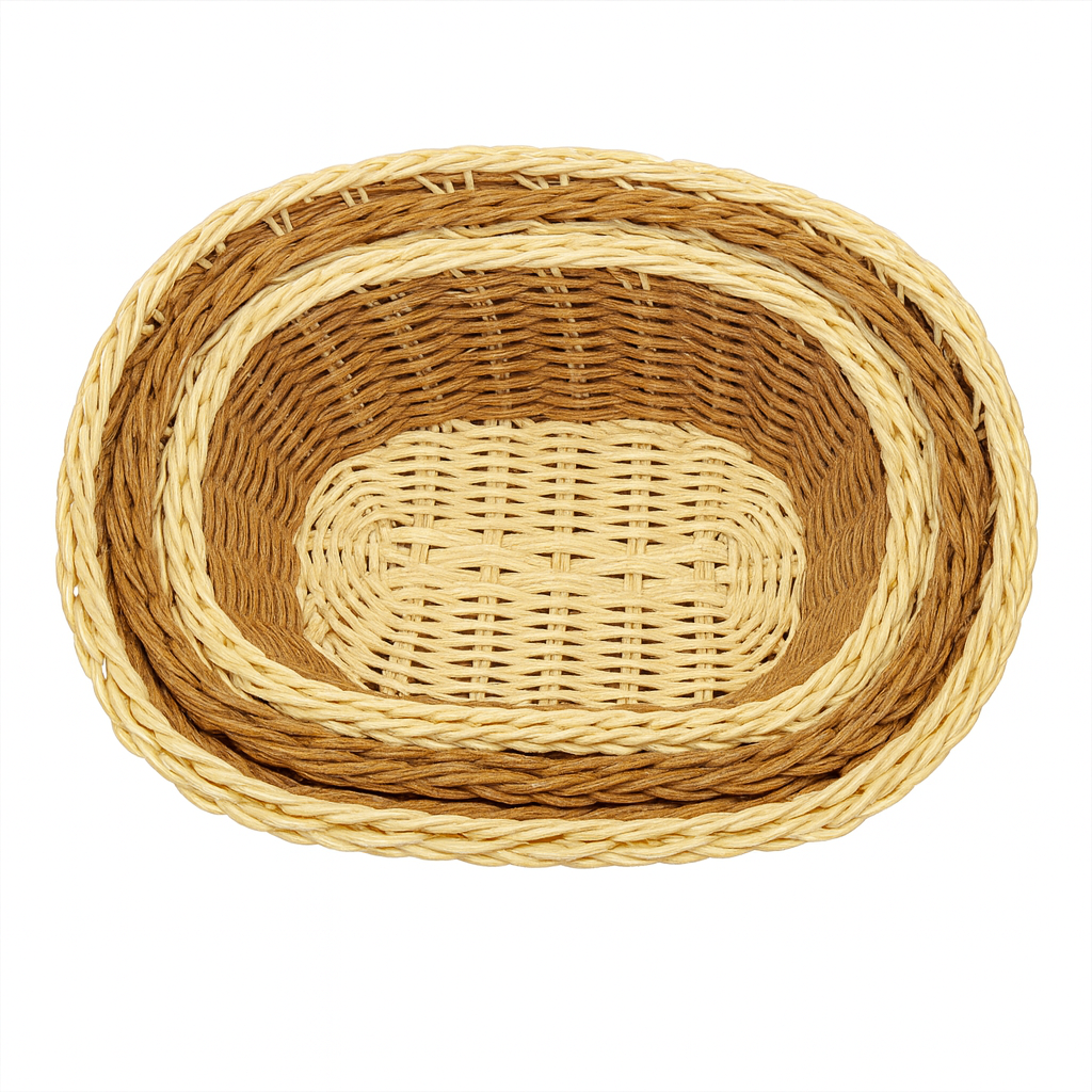 3-Piece Handcrafted Dual-Tone Oval Cane Bread Basket Set – Natural & Brown Rattan Serving Baskets for Dining, Kitchen & Café