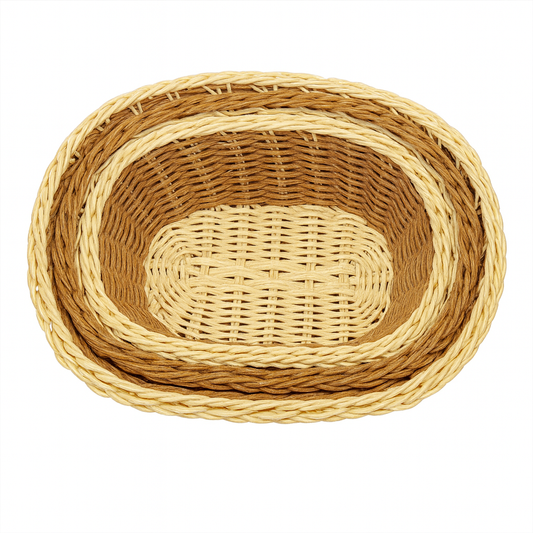 3-Piece Handcrafted Dual-Tone Oval Cane Bread Basket Set – Natural & Brown Rattan Serving Baskets for Dining, Kitchen & Café