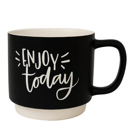 Motivational Ceramic Coffee Mug – “Enjoy Today” Black & White Matte Cup