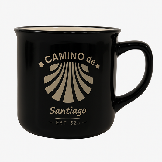 Camino de Santiago Enamel-Style Ceramic Mug – Travel-Inspired Coffee & Tea Cup in Black