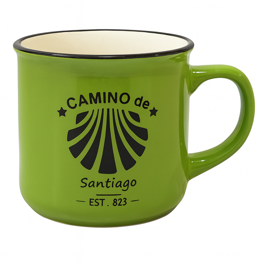Camino de Santiago Enamel-Style Ceramic Mug – Travel-Inspired Coffee & Tea Cup in Green