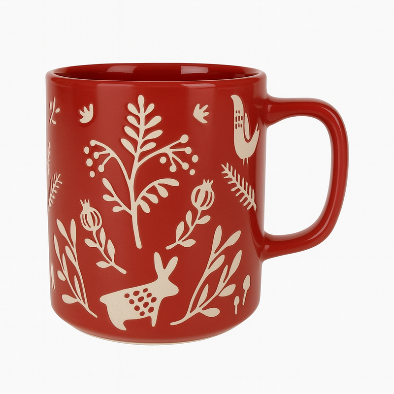 Red Ceramic Mug with Woodland Design – Nature-Inspired Coffee & Tea Cup - Habitt