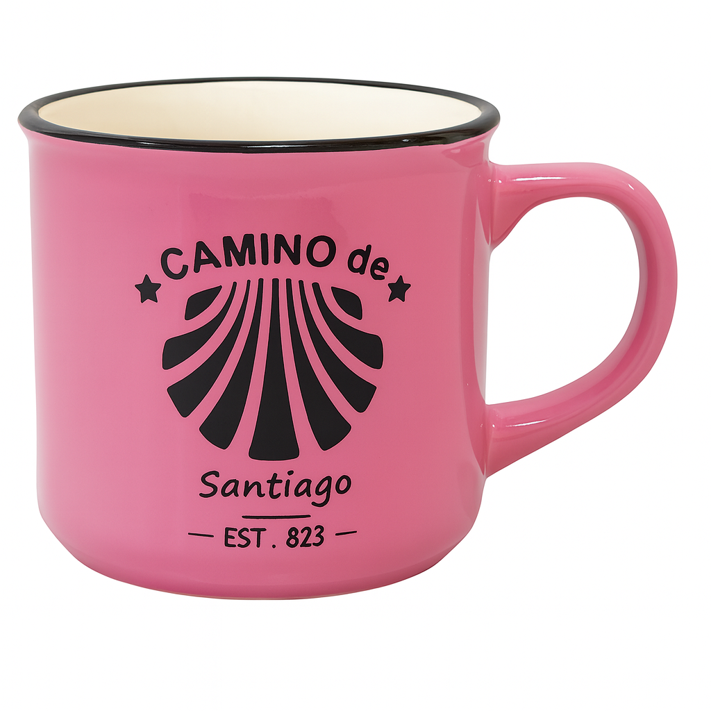 Camino de Santiago Enamel-Style Ceramic Mug – Travel-Inspired Coffee & Tea Cup in Pink