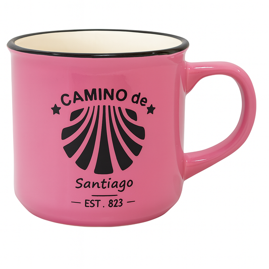 Camino de Santiago Enamel-Style Ceramic Mug – Travel-Inspired Coffee & Tea Cup in Pink