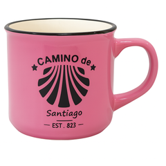 Camino de Santiago Enamel-Style Ceramic Mug – Travel-Inspired Coffee & Tea Cup in Pink