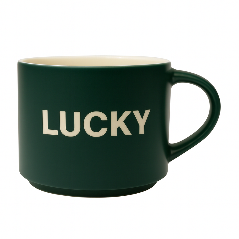 Motivational Ceramic Mug – “Lucky” Coffee & Tea Cups in Green - Habitt