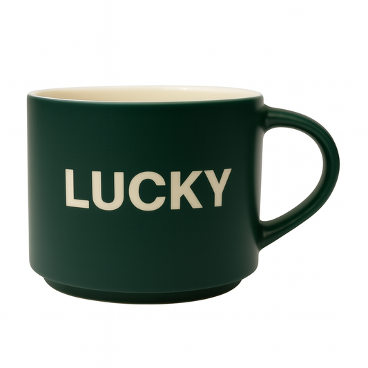 Motivational Ceramic Mug – “Lucky” Coffee & Tea Cups in Green