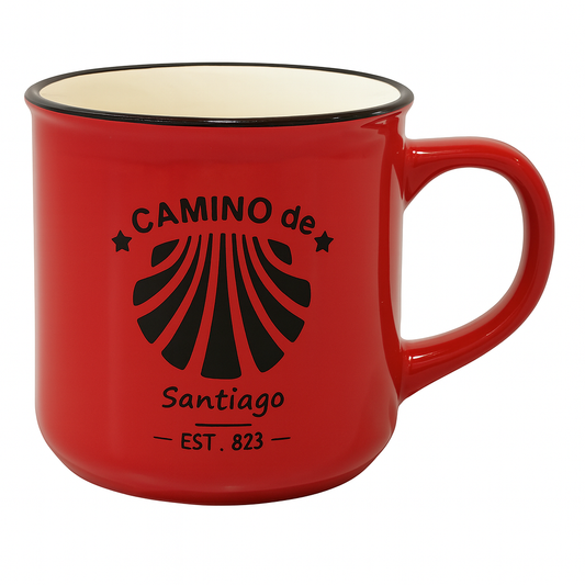 Camino de Santiago Enamel-Style Ceramic Mug – Travel-Inspired Coffee & Tea Cup in Red