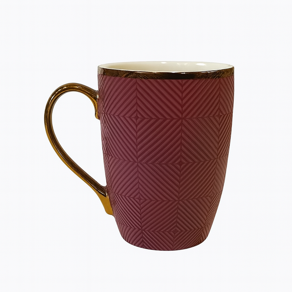 Luxury Embossed Ceramic Mug – Geometric Pattern Coffee & Tea Cup with Gold Rim & Handle in Plum