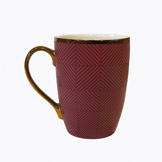 Luxury Embossed Ceramic Mug – Geometric Pattern Coffee & Tea Cup with Gold Rim & Handle in Plum