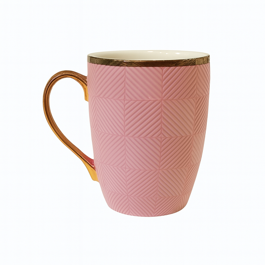 Luxury Embossed Ceramic Mug – Geometric Pattern Coffee & Tea Cup with Gold Rim & Handle in Pink