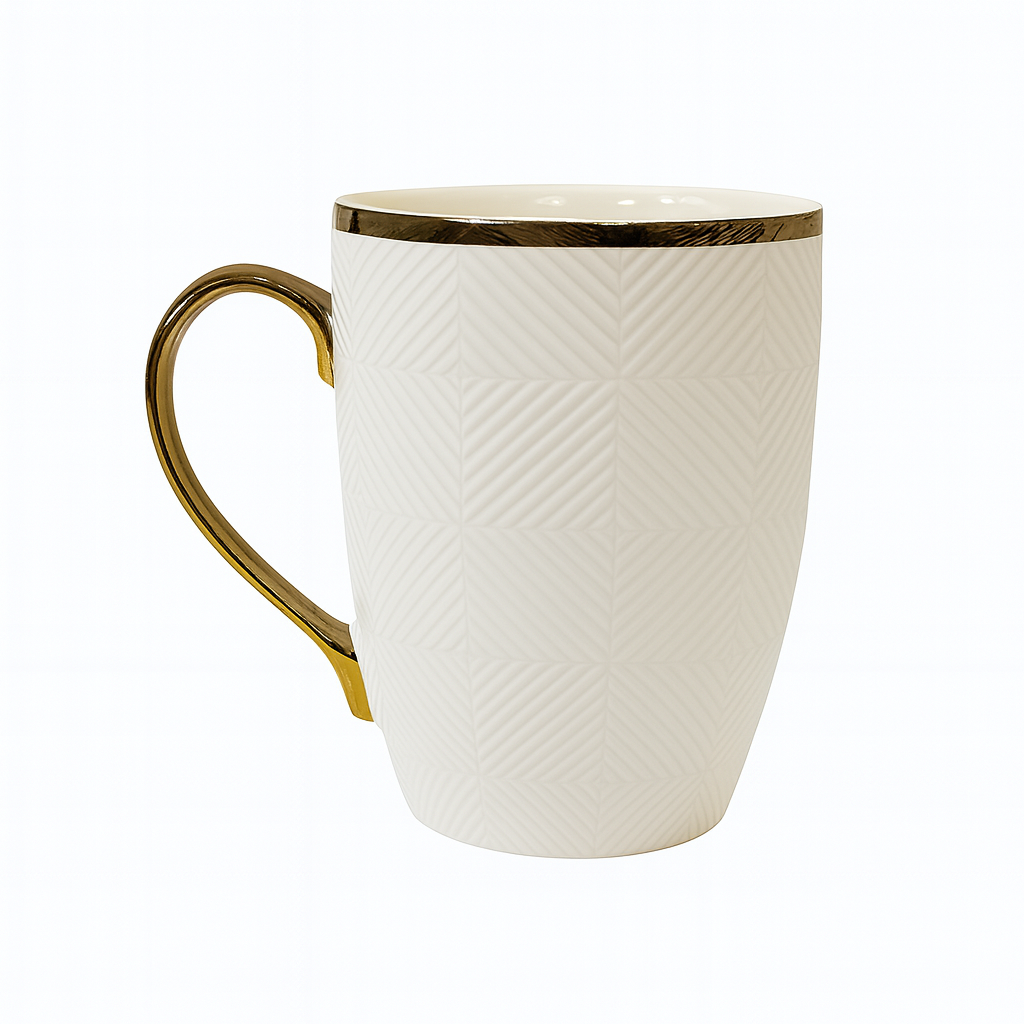 Luxury Embossed Ceramic Mug – Geometric Pattern Coffee & Tea Cup with Gold Rim & Handle in White