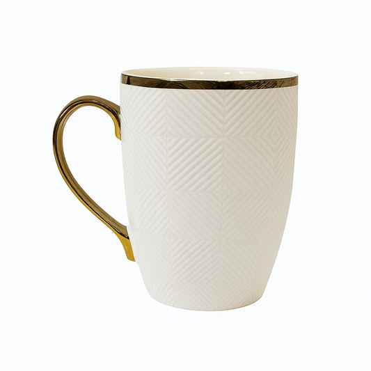 Luxury Embossed Ceramic Mug – Geometric Pattern Coffee & Tea Cup with Gold Rim & Handle in White