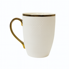 Luxury Embossed Ceramic Mug – Geometric Pattern Coffee & Tea Cup with Gold Rim & Handle in White