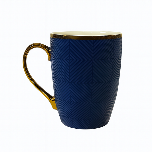 Luxury Embossed Ceramic Mug – Geometric Pattern Coffee & Tea Cup with Gold Rim & Handle in Blue