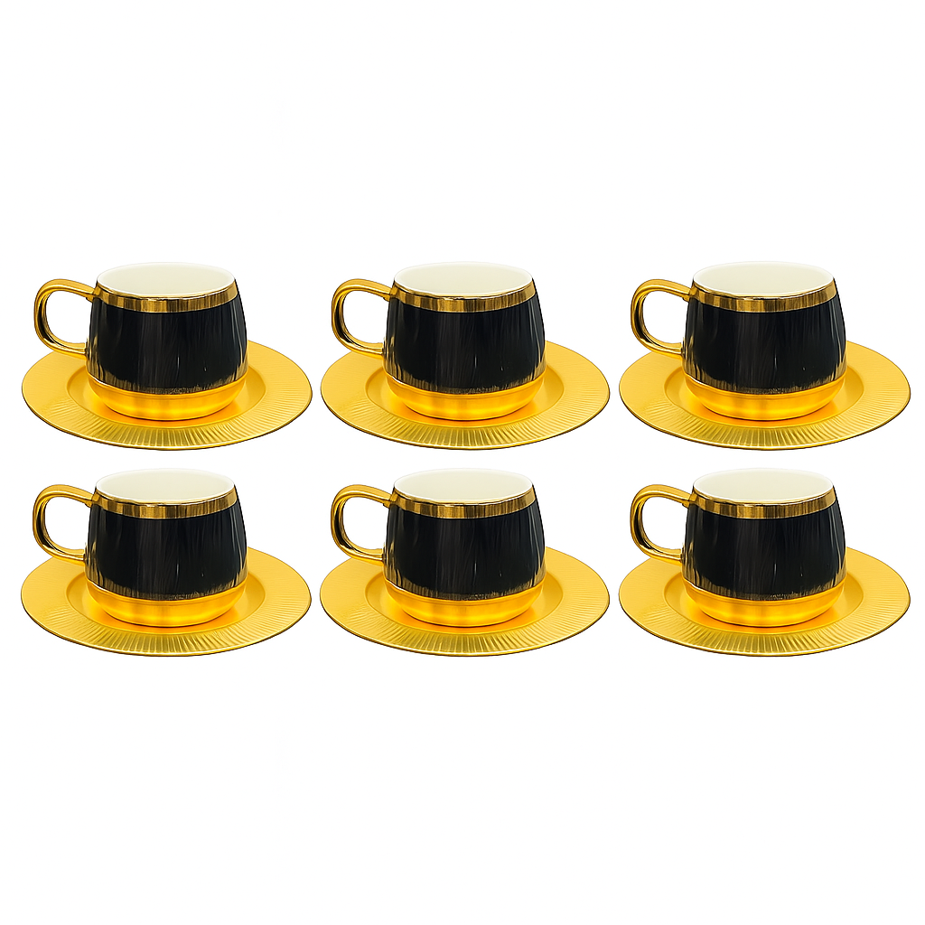 6Pc Cup & Saucer Luxury Half-Metal Ceramic Coffee Cup Set – Black & Gold, White & Gold with Matching Saucers
