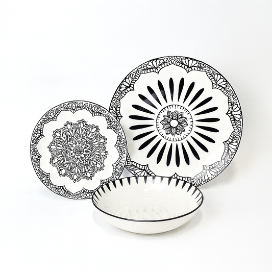 6 Person 18-Piece Black & Grey Mandala Ceramic Dinnerware Set – Elegant Mandala Tableware